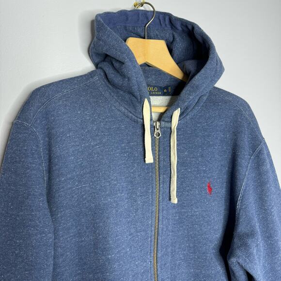 Polo Ralph Laure Cotton-Blend-Fleece Hoodie Blue Full Zip Embroidered Pony XL - Picture 3 of 9